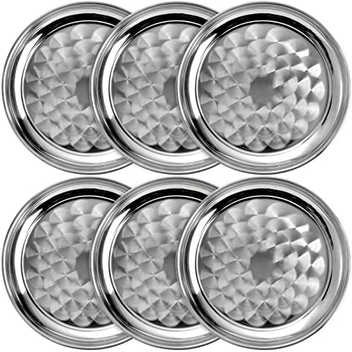 ZEAYEA 6 Pack Stainless Steel Round Tray 12 Inch Bar Serving Tray with Swirl Pattern Silver Display Serving Platter Round Metal Tray for Coffee Table Party Club Home Ottoman